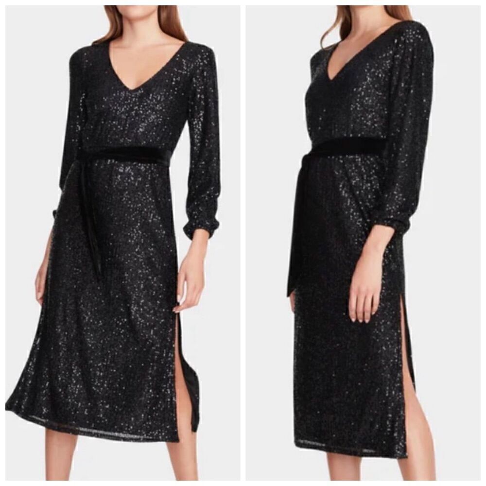 Betsey Johnson Black Sequin Side Slits Midi Dress Size Small